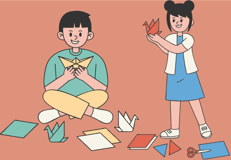 deux enfants qui font des origamis
